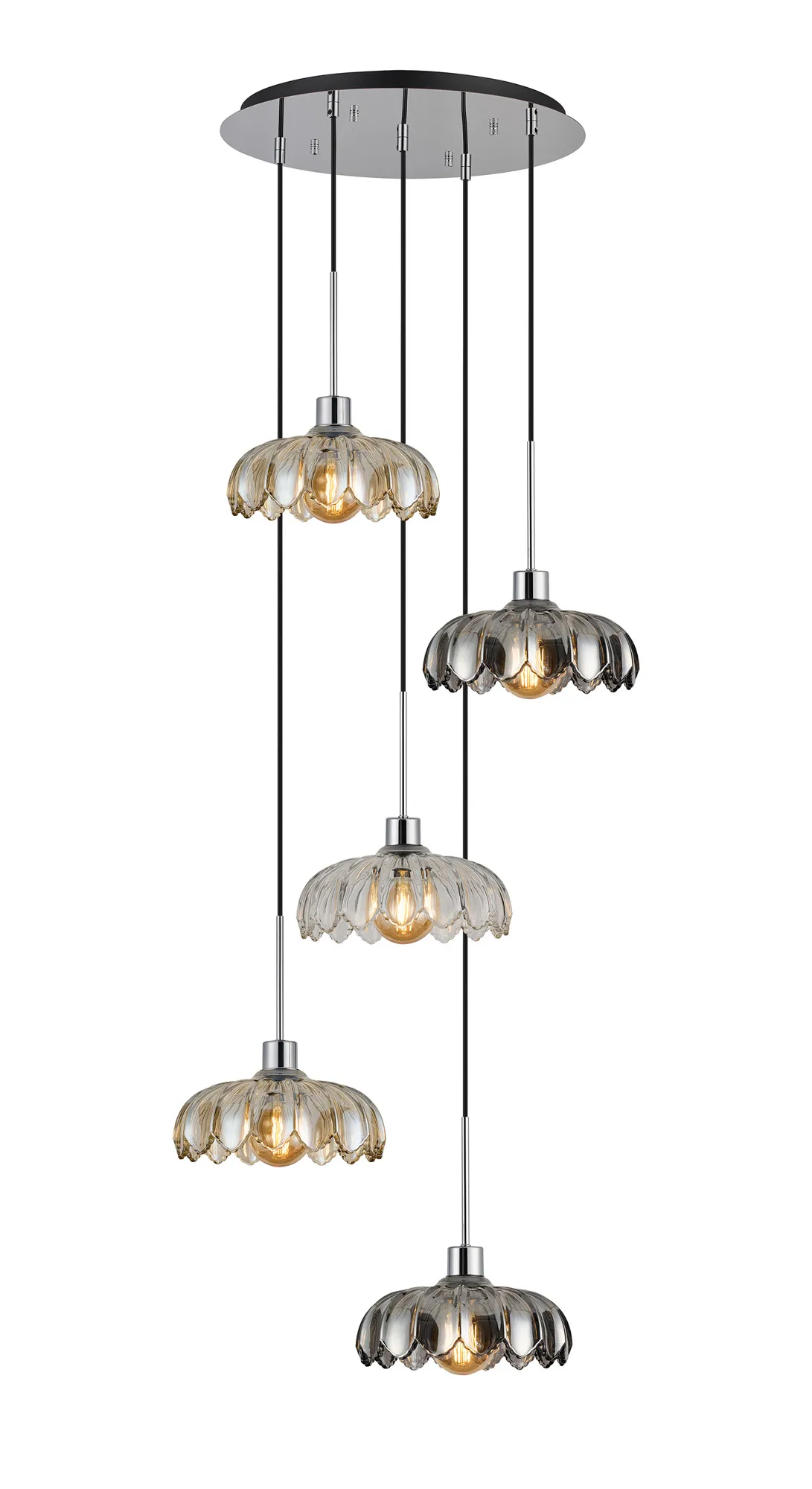 DK1297  Lori 45cm Round Pendant, 5 Light Adjustable E27, Polished Chrome/Smoke/Cognac/Clear Petal Bowl Shades